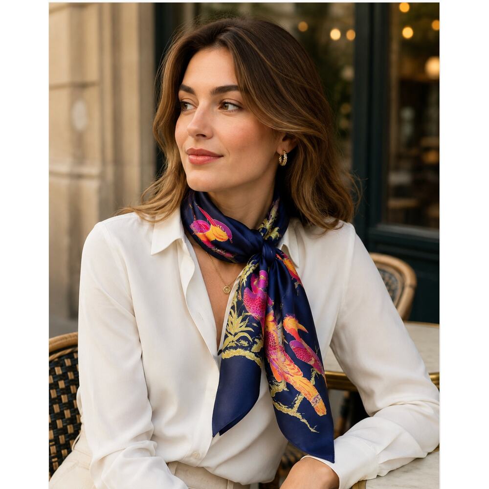 Vintage Silk Suzanne Collection Thai Silk Bird Scarf Navy Tropical Print 35”
